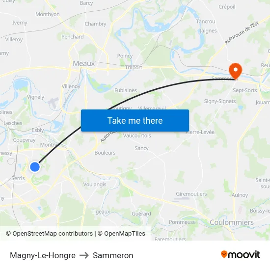 Magny-Le-Hongre to Sammeron map
