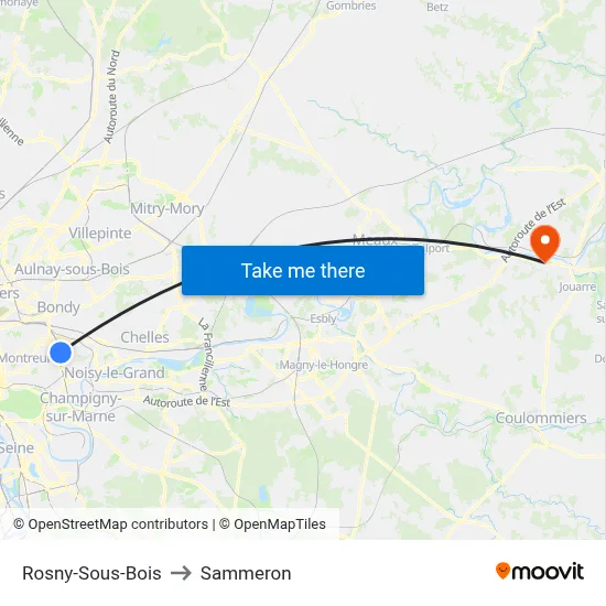 Rosny-Sous-Bois to Sammeron map