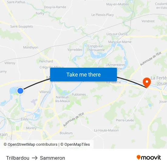 Trilbardou to Sammeron map