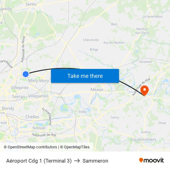 Aéroport Cdg 1 (Terminal 3) to Sammeron map