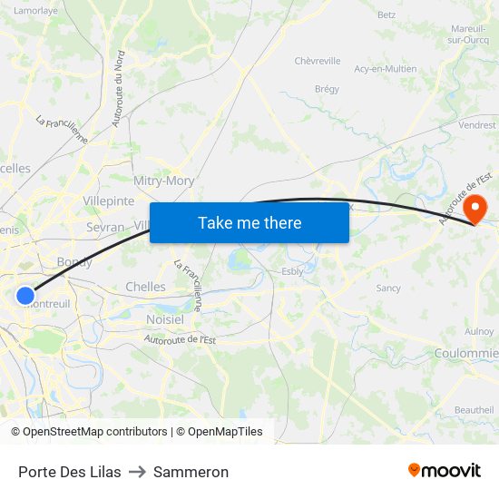 Porte Des Lilas to Sammeron map