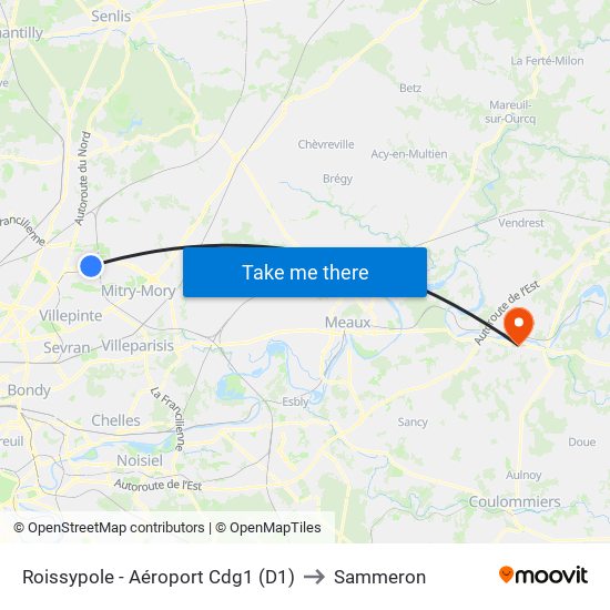 Roissypole - Aéroport Cdg1 (D1) to Sammeron map