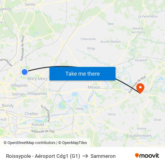 Roissypole - Aéroport Cdg1 (G1) to Sammeron map