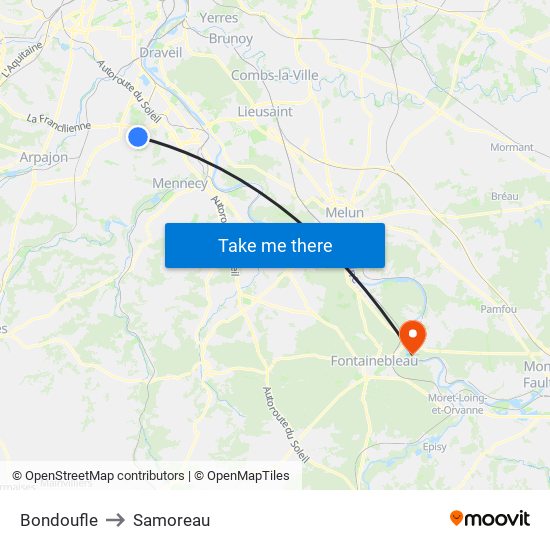 Bondoufle to Samoreau map