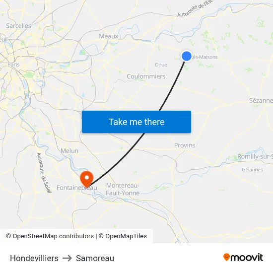 Hondevilliers to Samoreau map
