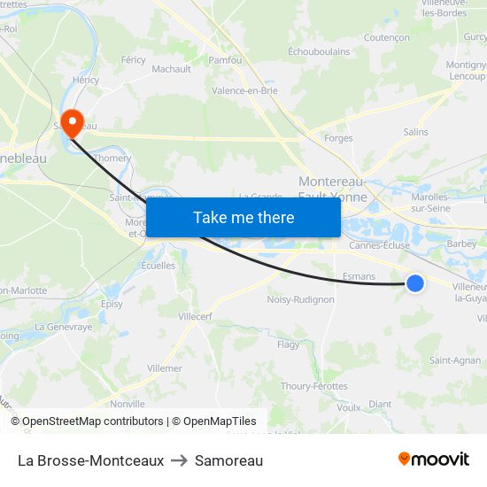 La Brosse-Montceaux to Samoreau map