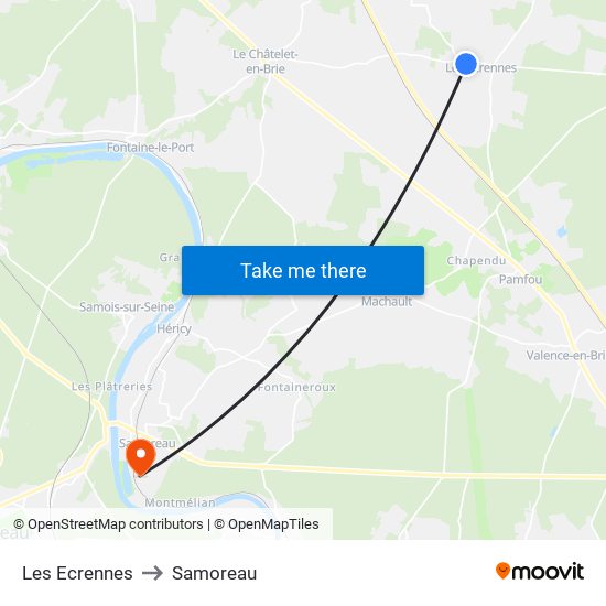 Les Ecrennes to Samoreau map