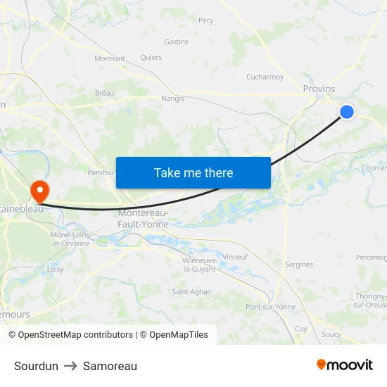 Sourdun to Samoreau map