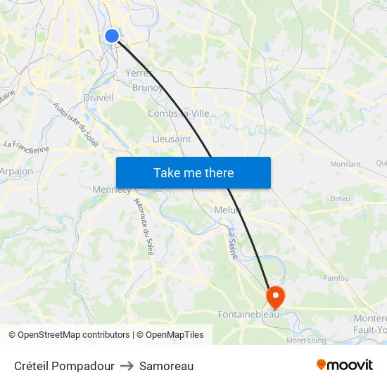 Créteil Pompadour to Samoreau map