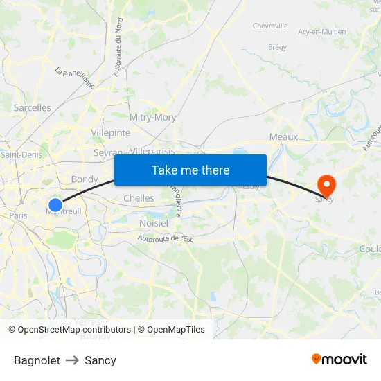 Bagnolet to Sancy map