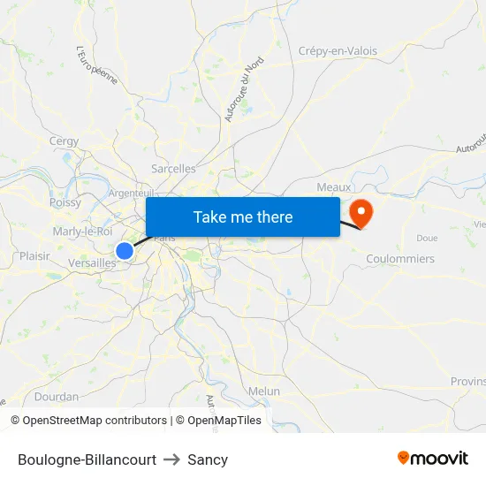 Boulogne-Billancourt to Sancy map