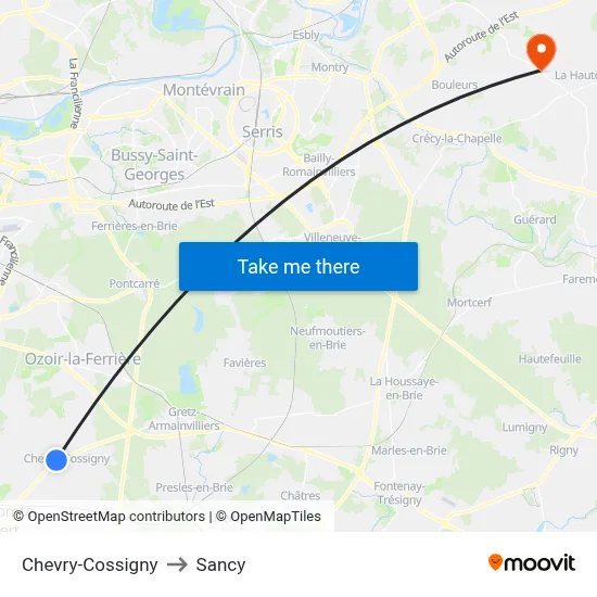 Chevry-Cossigny to Sancy map