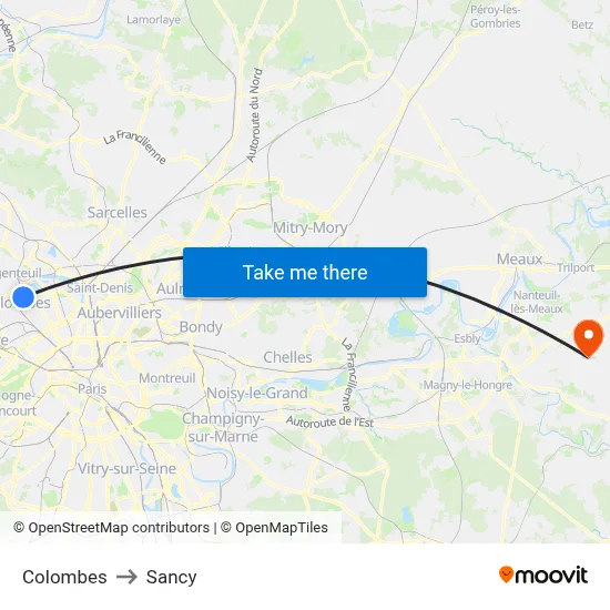 Colombes to Sancy map