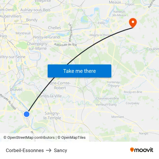 Corbeil-Essonnes to Sancy map