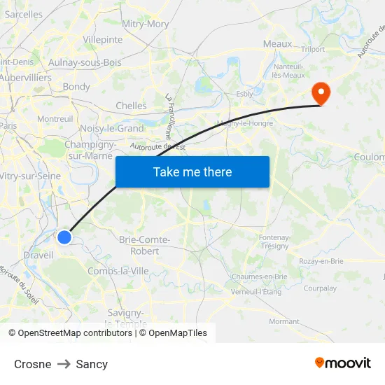 Crosne to Sancy map