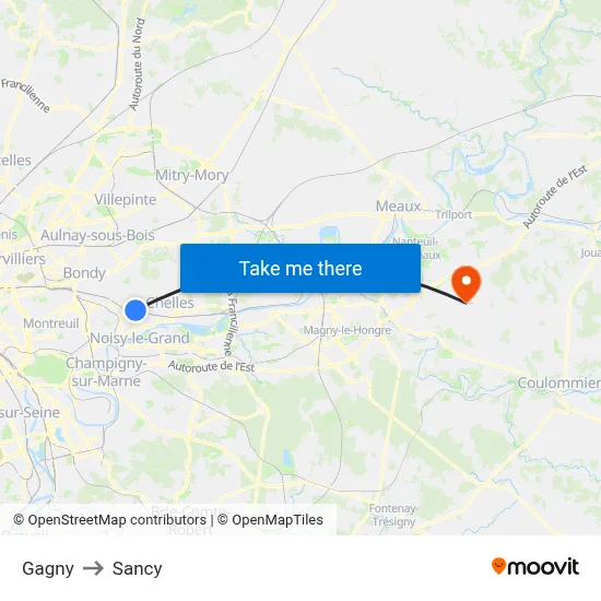 Gagny to Sancy map
