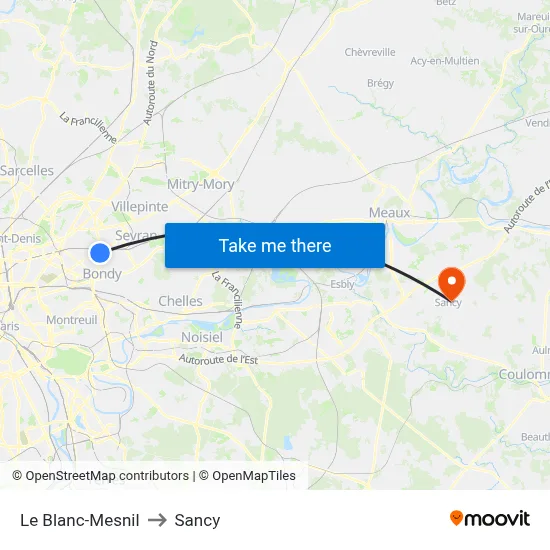 Le Blanc-Mesnil to Sancy map
