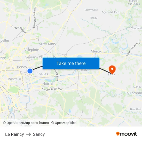 Le Raincy to Sancy map