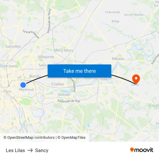 Les Lilas to Sancy map