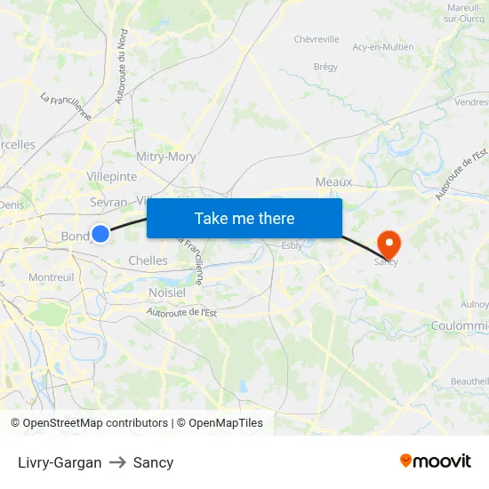 Livry-Gargan to Sancy map