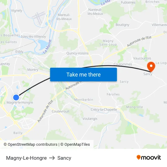 Magny-Le-Hongre to Sancy map