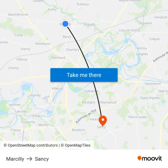 Marcilly to Sancy map
