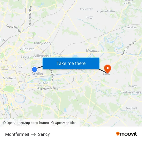 Montfermeil to Sancy map