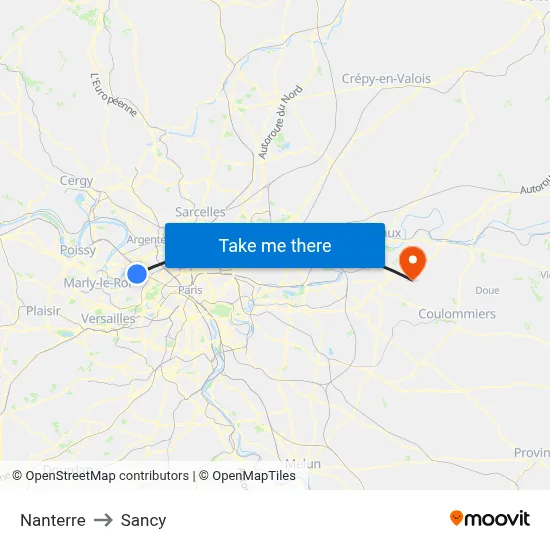 Nanterre to Sancy map