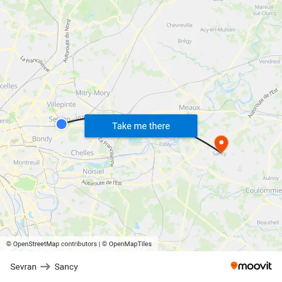 Sevran to Sancy map
