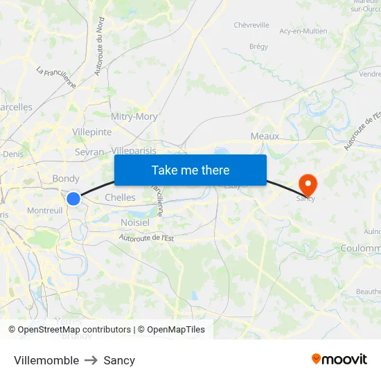 Villemomble to Sancy map