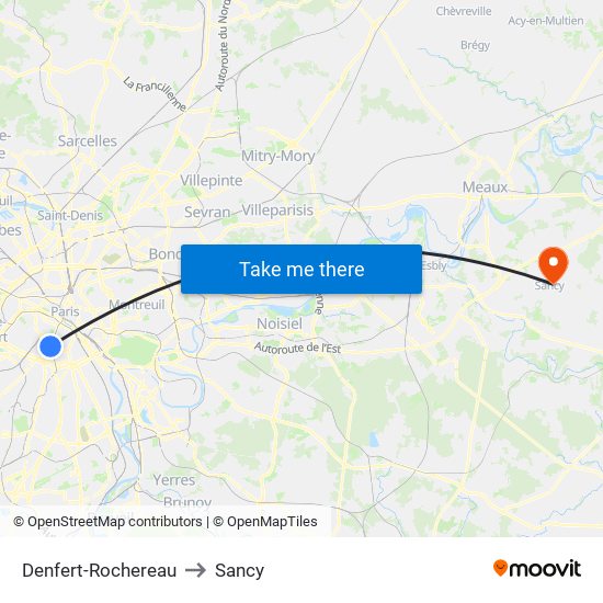 Denfert-Rochereau to Sancy map
