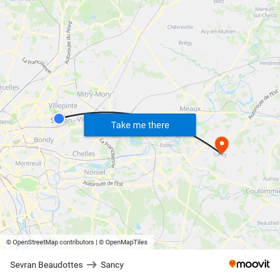 Sevran Beaudottes to Sancy map