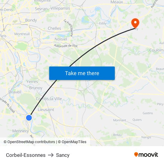 Corbeil-Essonnes to Sancy map