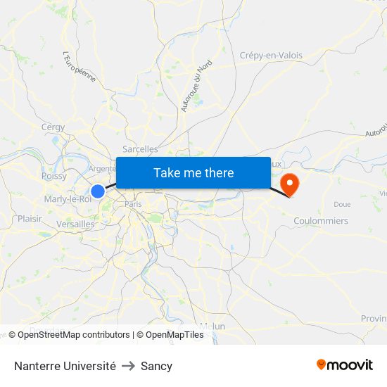 Nanterre Université to Sancy map