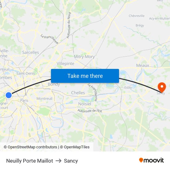 Neuilly Porte Maillot to Sancy map