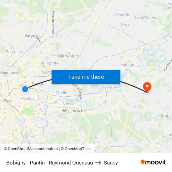 Bobigny - Pantin - Raymond Queneau to Sancy map
