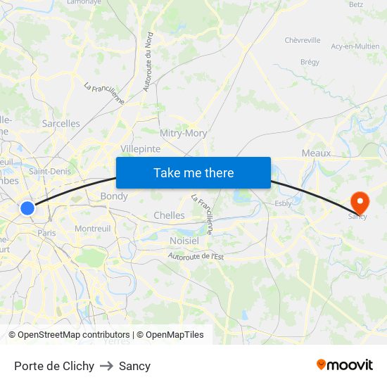 Porte de Clichy to Sancy map