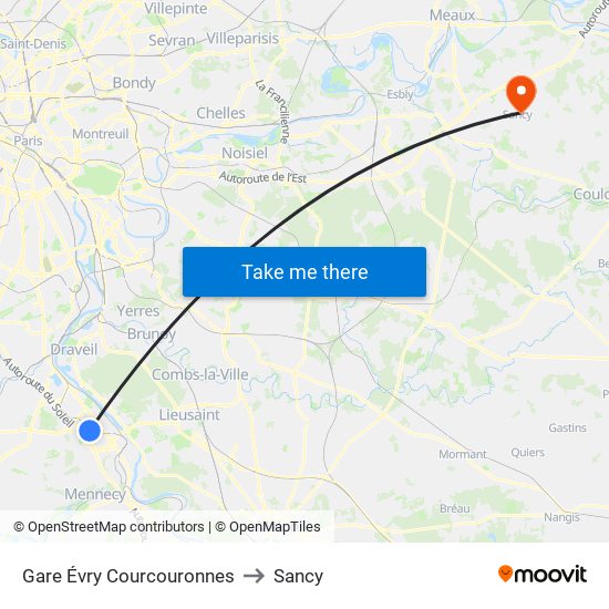 Gare Évry Courcouronnes to Sancy map