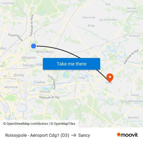Roissypole - Aéroport Cdg1 (D3) to Sancy map