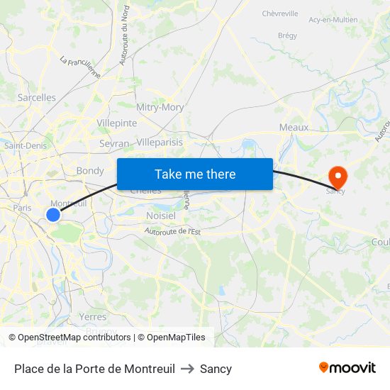 Place de la Porte de Montreuil to Sancy map