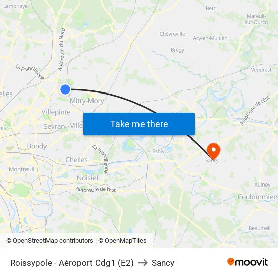 Roissypole - Aéroport Cdg1 (E2) to Sancy map
