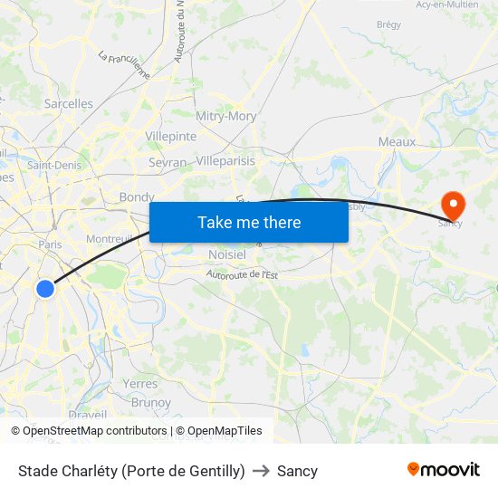 Stade Charléty (Porte de Gentilly) to Sancy map