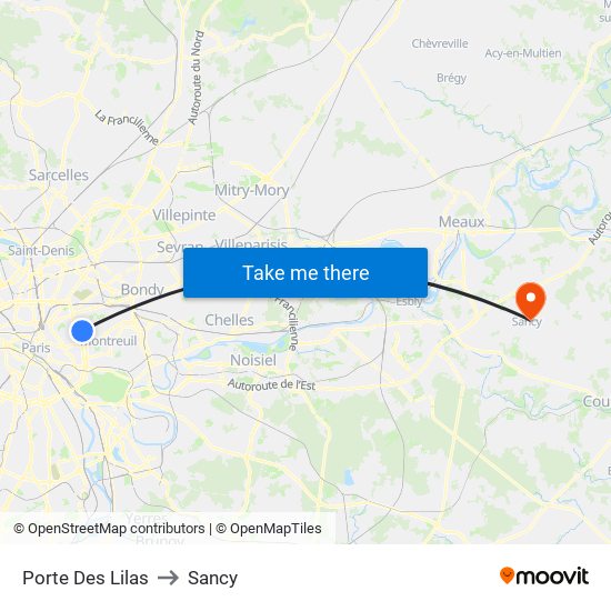 Porte Des Lilas to Sancy map