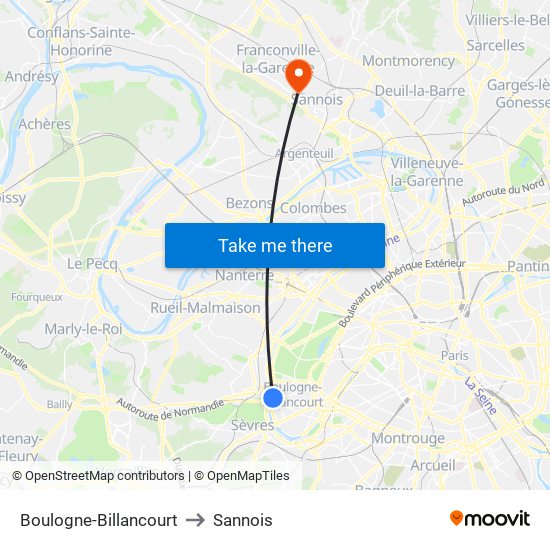 Boulogne-Billancourt to Sannois map