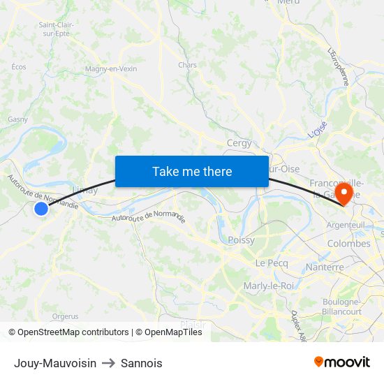 Jouy-Mauvoisin to Sannois map