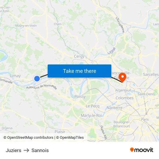 Juziers to Sannois map