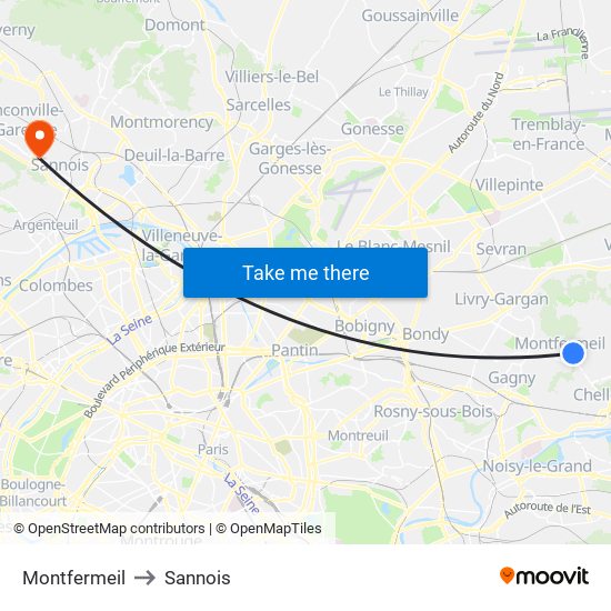 Montfermeil to Sannois map