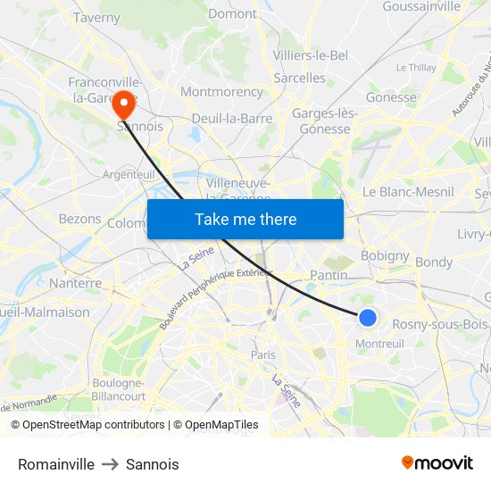 Romainville to Sannois map
