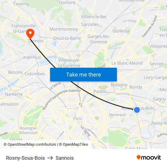 Rosny-Sous-Bois to Sannois map