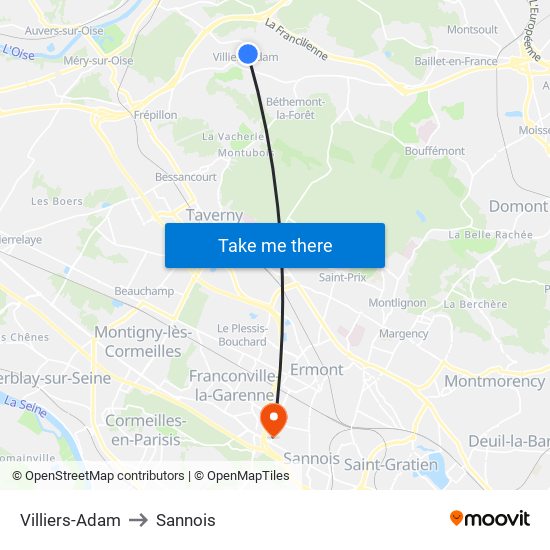 Villiers-Adam to Sannois map